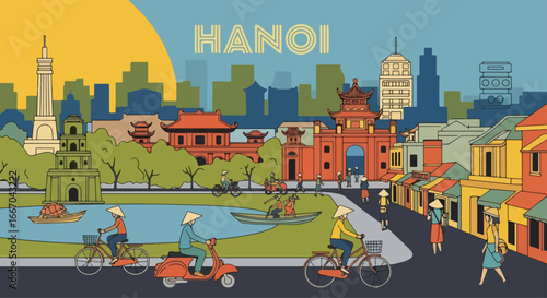 Colorful vector illustration of Hanoi skyline with traditional temples, historic architecture, and modern buildings by the water, perfect for travel posters, tourism promotions, and Vietnamese city