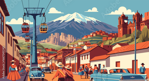 Colorful vector illustration of La Paz with cable cars, historic architecture, hillside houses, and snow-capped mountains, perfect for travel posters, tourism campaigns, and Bolivian destination