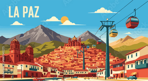 Colorful vector illustration of La Paz with cable cars, historic architecture, hillside houses, and snow-capped mountains, perfect for travel posters, tourism campaigns, and Bolivian destination