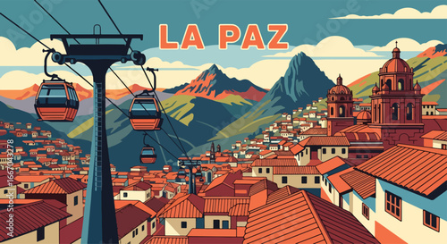 Colorful vector illustration of La Paz with cable cars, historic architecture, hillside houses, and snow-capped mountains, perfect for travel posters, tourism campaigns, and Bolivian destination