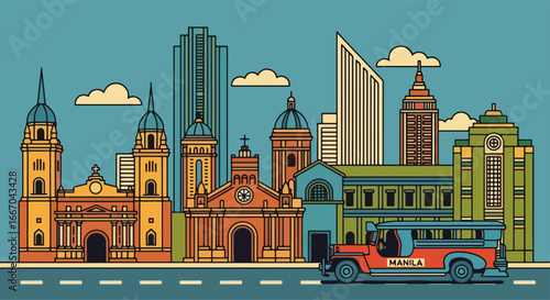Colorful vector illustration of Manila skyline with cathedral, clock tower, modern buildings, jeepney, and palm trees, perfect for travel posters, tourism promotions, and Philippine city design