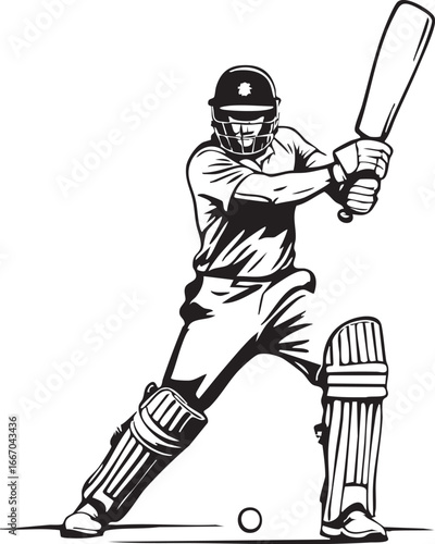 Black and white vector illustration of a cricket player in a batting stance, ready to hit the ball.

