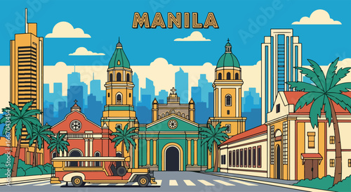 Colorful vector illustration of Manila skyline with cathedral, clock tower, modern buildings, jeepney, and palm trees, perfect for travel posters, tourism promotions, and Philippine city design