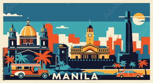 Colorful vector illustration of Manila skyline with cathedral, clock tower, modern buildings, jeepney, and palm trees, perfect for travel posters, tourism promotions, and Philippine city design