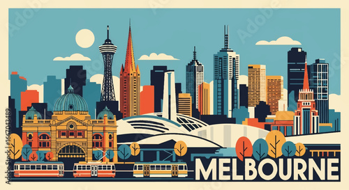 Colorful vector illustration of Melbourne skyline with Flinders Street Station, modern skyscrapers, riverfront, and tram, perfect for travel posters, tourism campaigns, and Australian city design