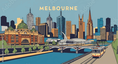 Colorful vector illustration of Melbourne skyline with Flinders Street Station, modern skyscrapers, riverfront, and tram, perfect for travel posters, tourism campaigns, and Australian city design