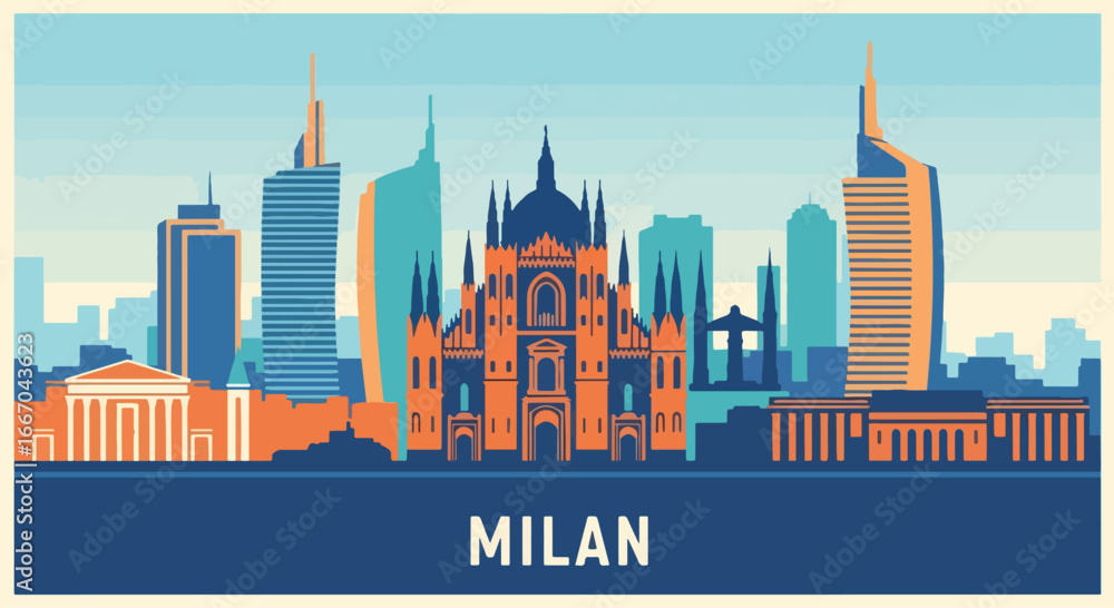 Naklejka premium Colorful vector illustration of Milan skyline with Duomo Cathedral, historic architecture, and modern skyscrapers, perfect for travel posters, tourism promotions, and Italian destination design