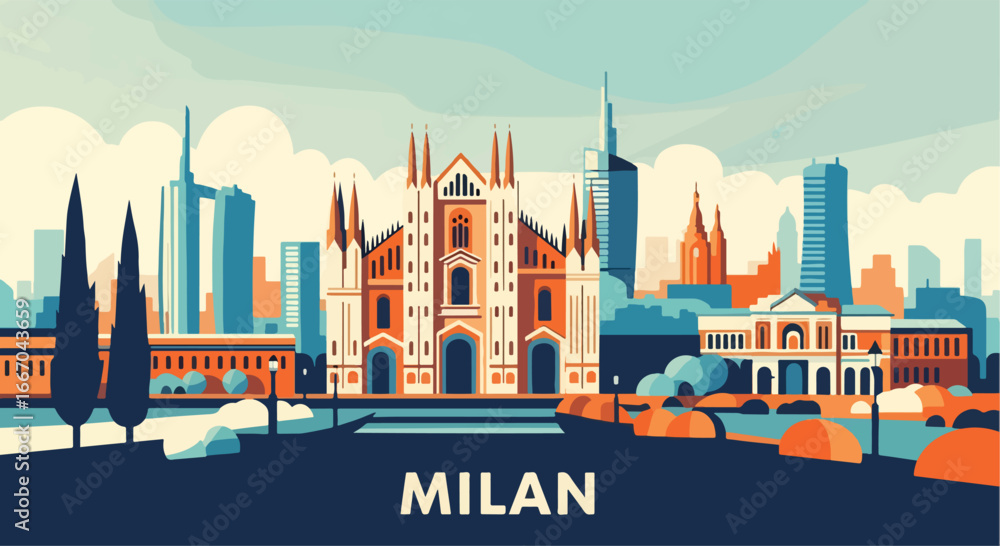 Fototapeta premium Colorful vector illustration of Milan skyline with Duomo Cathedral, historic architecture, and modern skyscrapers, perfect for travel posters, tourism promotions, and Italian destination design
