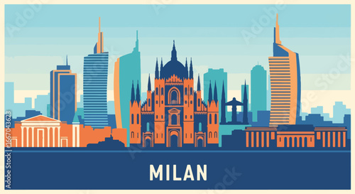 Colorful vector illustration of Milan skyline with Duomo Cathedral, historic architecture, and modern skyscrapers, perfect for travel posters, tourism promotions, and Italian destination design