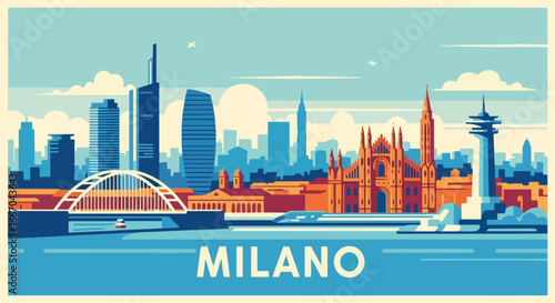 Colorful vector illustration of Milan skyline with Duomo Cathedral, historic architecture, and modern skyscrapers, perfect for travel posters, tourism promotions, and Italian destination design