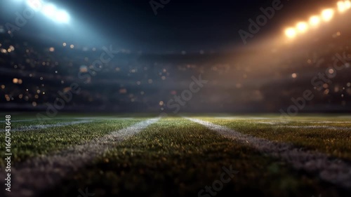 Night stadium field, spotlights illuminating a blurry crowd