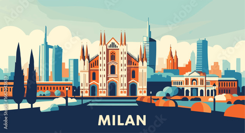 Colorful vector illustration of Milan skyline with Duomo Cathedral, historic architecture, and modern skyscrapers, perfect for travel posters, tourism promotions, and Italian destination design