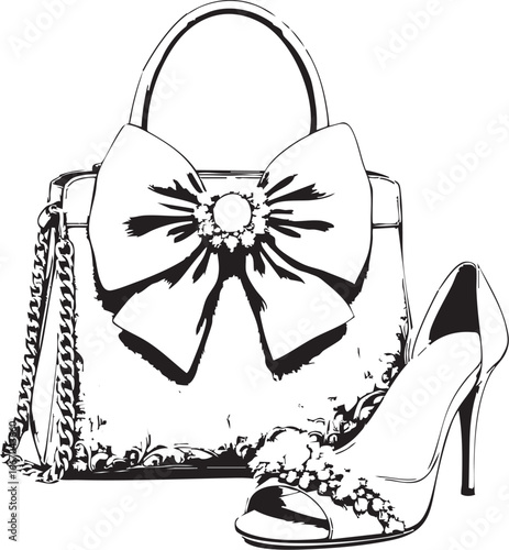 Black and white vector illustration of a glamorous handbag with a large bow and a high-heeled shoe with decorative pearls.

