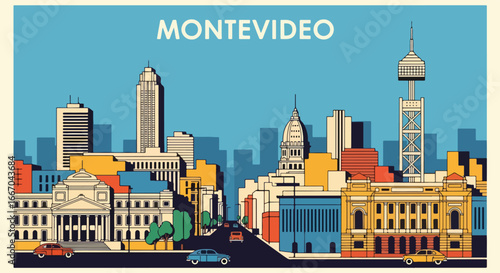 Colorful vector illustration of Montevideo skyline with historic architecture, modern skyscrapers, and waterfront with boats, perfect for travel posters, tourism promotions, and South American city