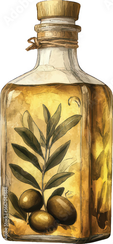 Glass bottle filled with golden olive oil and a branch with olives and leaves liquid