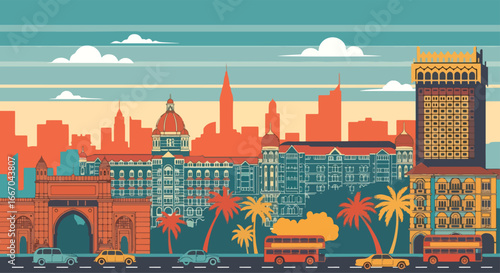 Colorful vector illustration of Mumbai skyline with Gateway of India, Taj Mahal Palace Hotel, palm trees, cars, and buses, perfect for travel posters, tourism campaigns, and Indian city design project