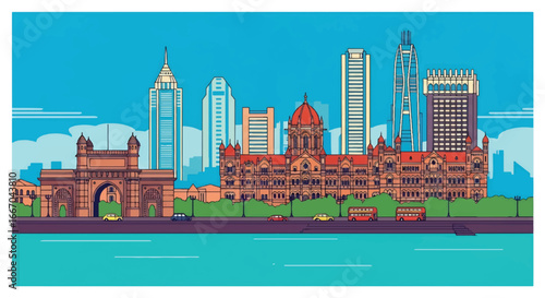 Colorful vector illustration of Mumbai skyline with Gateway of India, Taj Mahal Palace Hotel, palm trees, cars, and buses, perfect for travel posters, tourism campaigns, and Indian city design project
