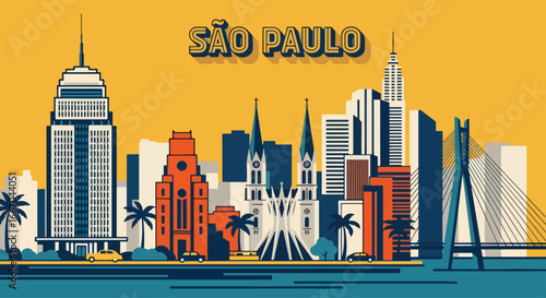 Colorful vector illustration of São Paulo skyline with modern skyscrapers, Copan building, MASP museum, and busy streets, perfect for travel posters, tourism promotions, and Brazilian city design