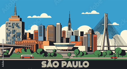 Colorful vector illustration of São Paulo skyline with modern skyscrapers, Copan building, MASP museum, and busy streets, perfect for travel posters, tourism promotions, and Brazilian city design