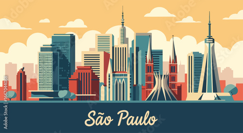Colorful vector illustration of São Paulo skyline with modern skyscrapers, Copan building, MASP museum, and busy streets, perfect for travel posters, tourism promotions, and Brazilian city design
