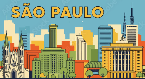 Colorful vector illustration of São Paulo skyline with modern skyscrapers, Copan building, MASP museum, and busy streets, perfect for travel posters, tourism promotions, and Brazilian city design