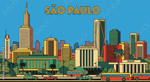 Colorful vector illustration of São Paulo skyline with modern skyscrapers, Copan building, MASP museum, and busy streets, perfect for travel posters, tourism promotions, and Brazilian city design