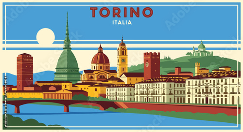 Colorful vector illustration of Turin cityscape with iconic Mole Antonelliana, cathedral, river, and Alps, perfect for travel posters, tourism campaigns, and Italian destination design projects