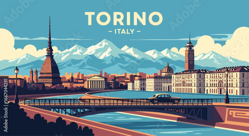 Colorful vector illustration of Turin cityscape with iconic Mole Antonelliana, cathedral, river, and Alps, perfect for travel posters, tourism campaigns, and Italian destination design projects