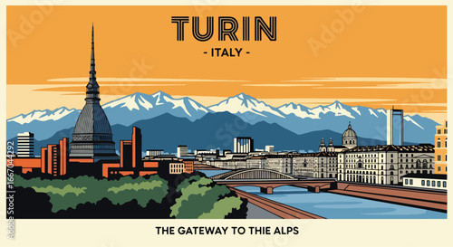 Colorful vector illustration of Turin cityscape with iconic Mole Antonelliana, cathedral, river, and Alps, perfect for travel posters, tourism campaigns, and Italian destination design projects