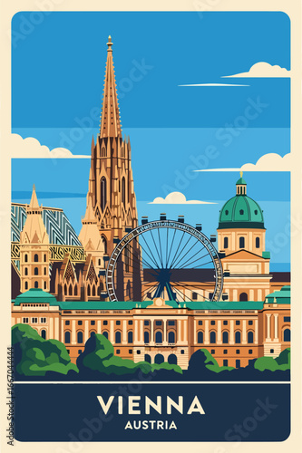 Colorful vector illustration of Vienna cityscape with iconic landmarks, cathedral, ferris wheel, and trams by the river, perfect for travel posters, tourism promotions, and European destination design