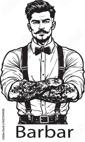 Black and white vector illustration of a stylish man with a mustache, tattoos, and a bow tie, perfect for a barbershop logo.

