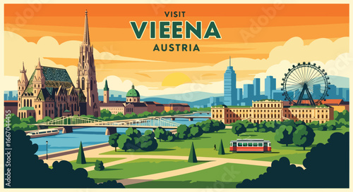 Colorful vector illustration of Vienna cityscape with iconic landmarks, cathedral, ferris wheel, and trams by the river, perfect for travel posters, tourism promotions, and European destination design