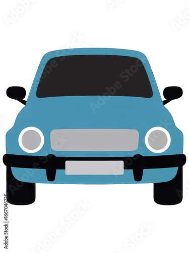 Front view of a blue car with black windows and gray grille