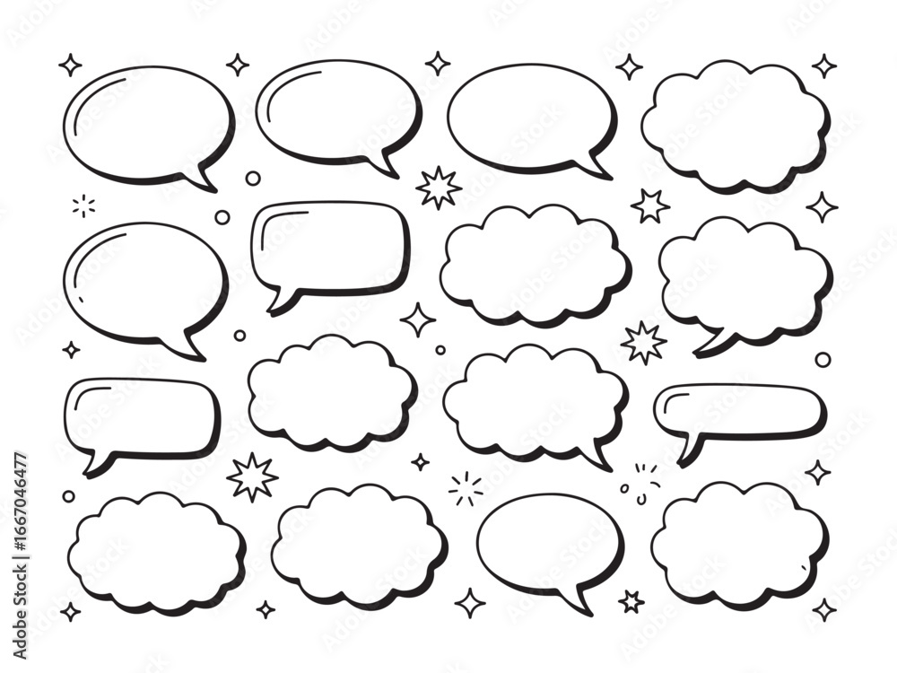 Fototapeta premium Speech Bubbles and Cloud Shapes Hand Drawn Doodle Style Communication and Thoughts Collection Illustration for Design Projects and Templates