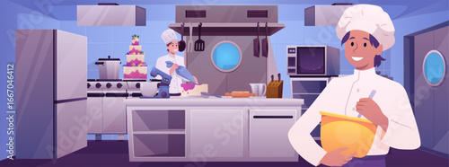 People confectioners cooking cake in the kitchen, applies cream with pastry bag, vector culinary bakers preparing dessert