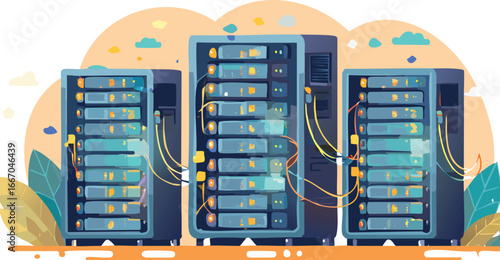 server rack with lights and cables, vector isolated