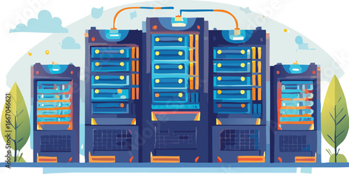 server rack with lights and cables, vector isolated