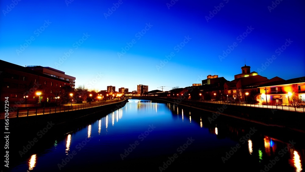 Obraz premium Tranquil Urban Canal at Dusk with Vibrant City Reflections 