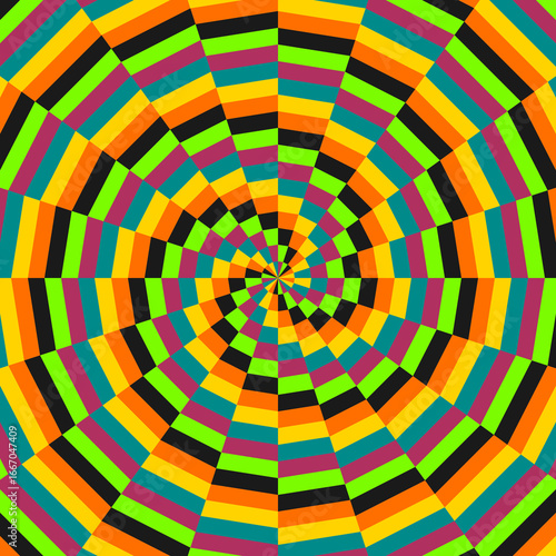 Retro sunburst or sunbeam swirl with colorful pixelated style in funk pop design
