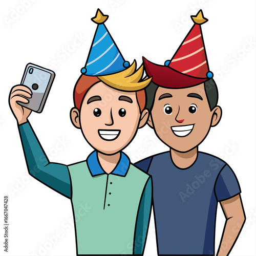 Happy friends in party hats taking a selfie together