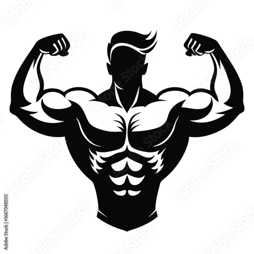 Black Silhouette of Muscular Man Flexing Biceps with SixPack Abs and Modern Haircut