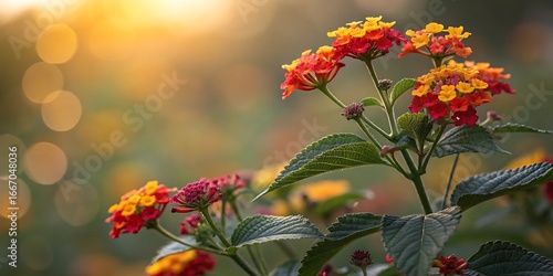 Vibrant Lantana Flowers Blooming in Garden with Warm Sunlight and Blurred Background