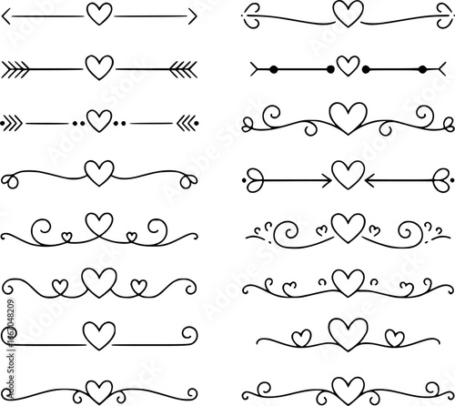Collection of black and white decorative heart and arrow dividers and borders love