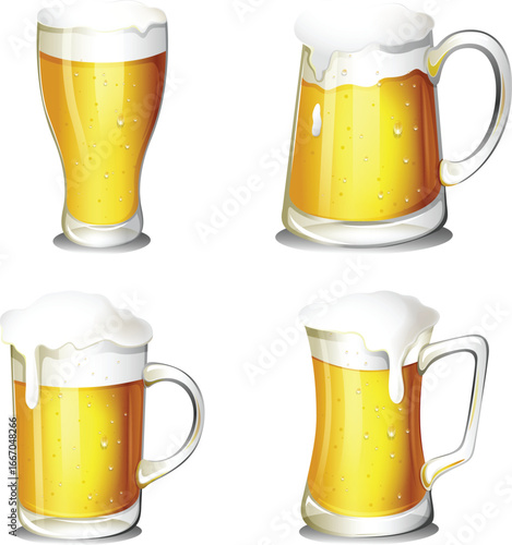 Four glasses of frothy beer mugs foam