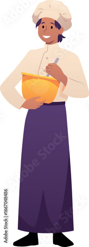 Woman confectioner cooking cake, kneads dough in bowl, vector pastry chef at work, vector flat culinary bakery isolated