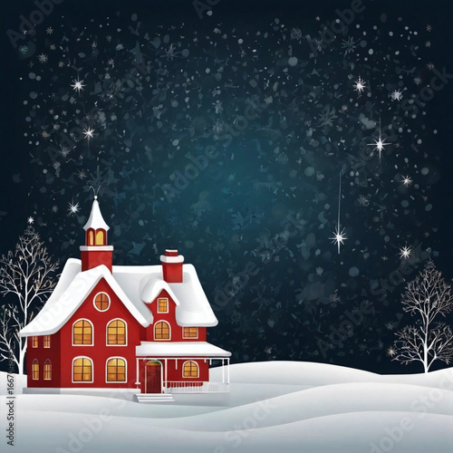 Winter Wonderland: A snow-covered house radiates warmth and festivity amidst a tranquil night landscape, evoking cozy vibes.