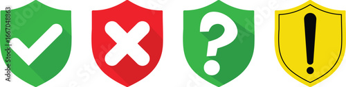 Four shields showing check mark x mark question mark and exclamation point