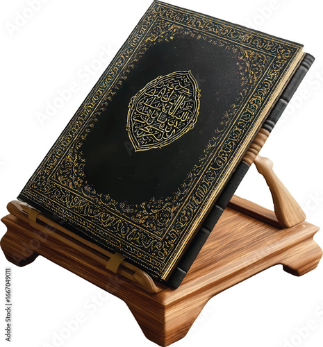 Black Islamic Book with Gold Design on Wooden Book Stand Isolated religious book holy book