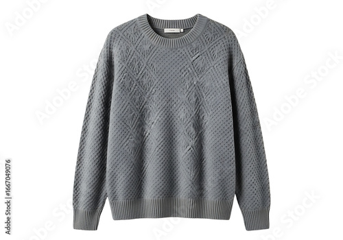 A light gray, textured, knitted sweater with intricate diamond-shaped patterns showcases a modern design.