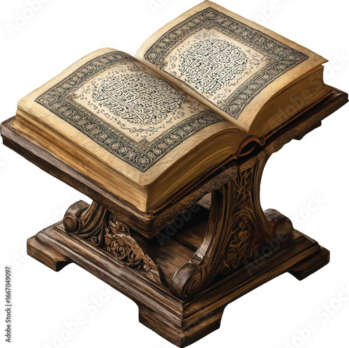 Open Ancient Book with Arabic Script on Decorative Wooden Stand Isolated religious book holy book
